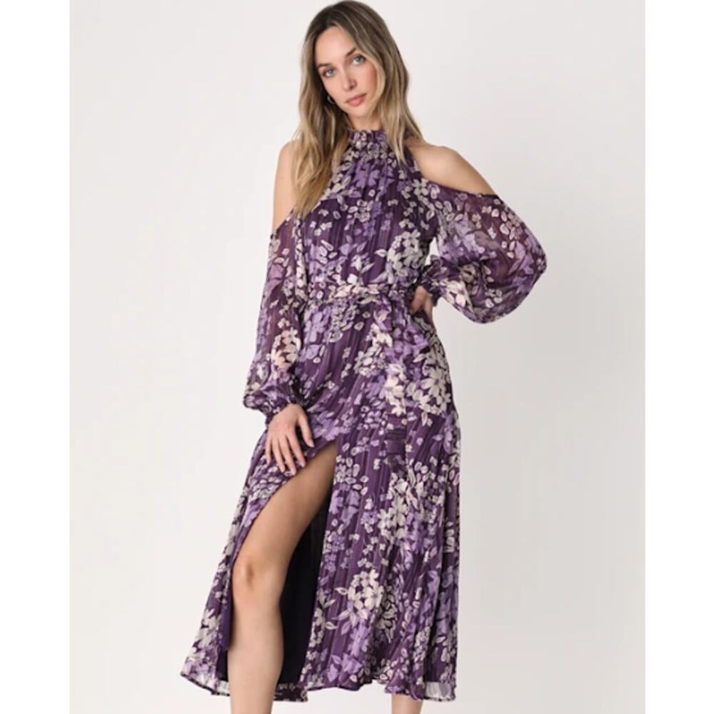 Lulus Storybook Sweetheart Cold Shoulder Midi Dress Floral Halter Ruffle Belted - Picture 13 of 13